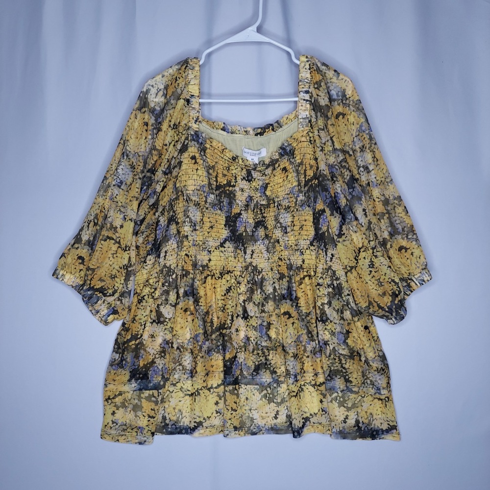 Skyes The Limit Top Womens 3X Smocked Square Neck Yellow Floral Mesh 3/4 Peasant